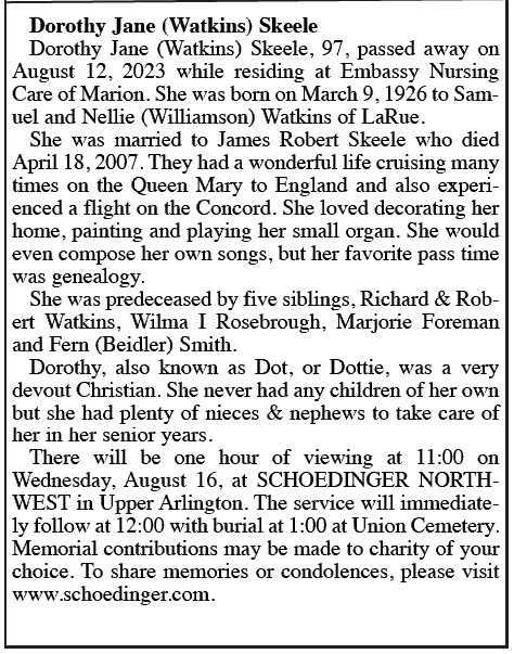 Dorothy Jane Watkins Skeele Richwood Gazette